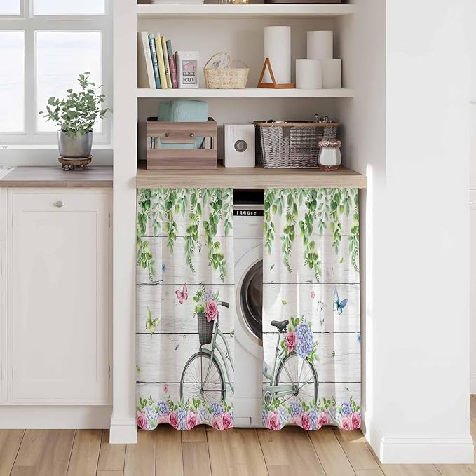 Spring Kitchen Curtains, Bicycles Botanical Rose Leaves Butterfly Wood Grain - Image 7