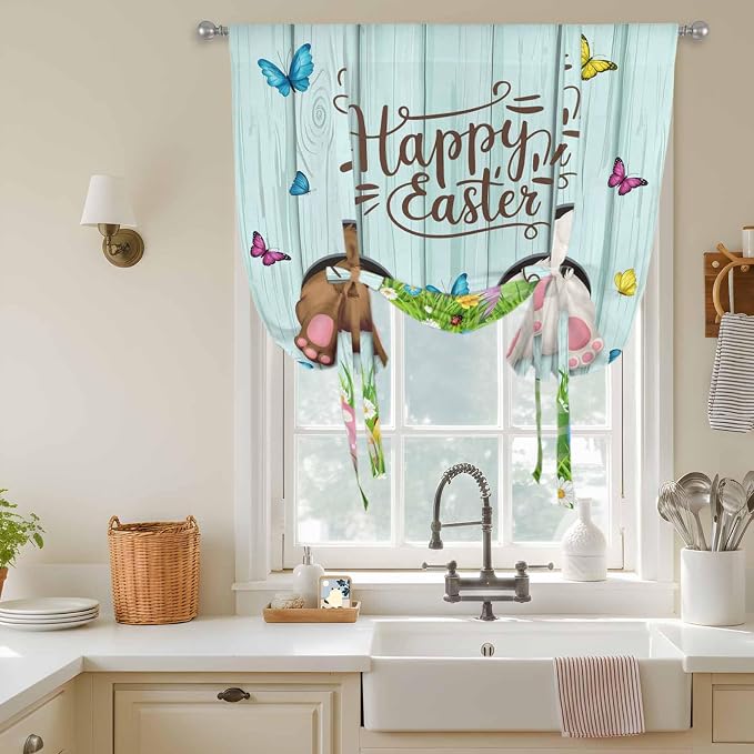 Tie Up Curtains, Happy Easter Bunny Butt Egg Floral Adjustable Rod Pocket - Image 3