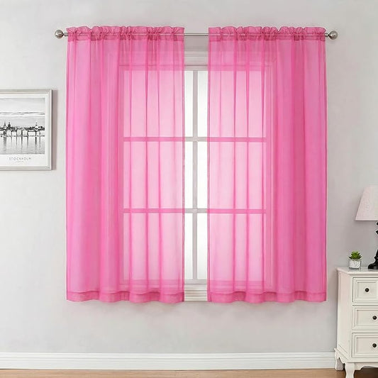 Aiyufeng Hot Pink Sheer Curtains 63 Inch Length 2 Panels Set for Living Room, Light Filtering Hot Pink Window Sheers Drapes for Bedroom, Each 42" W x 63" L