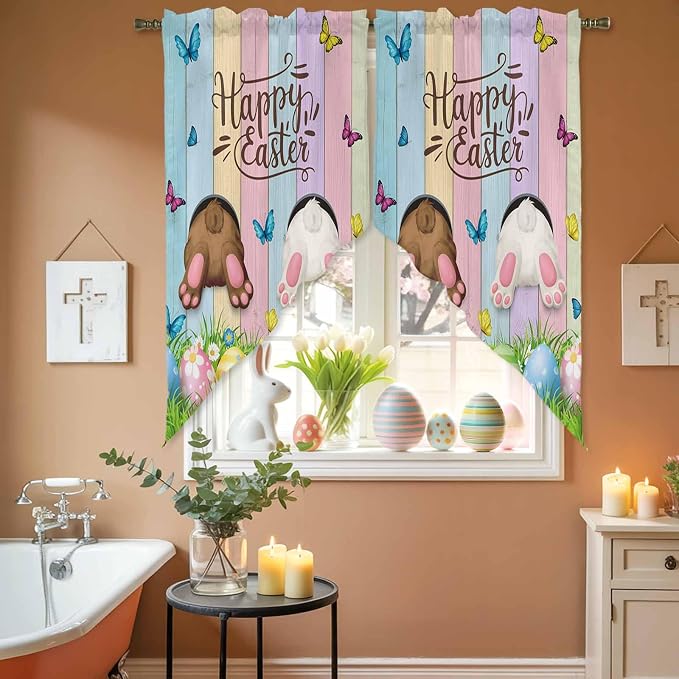 Swag Curtain Valances for Kitchen Windows, Happy Easter Rabbit Butt Egg on - Image 5