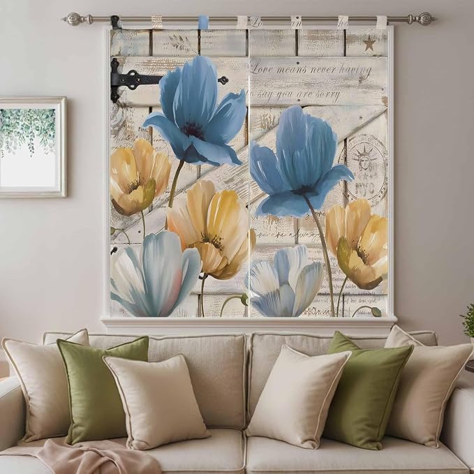 Blue Yellow Tulips Bedroom Curtains 72 Inch Length, Window Curtains Tab Top - Image 9
