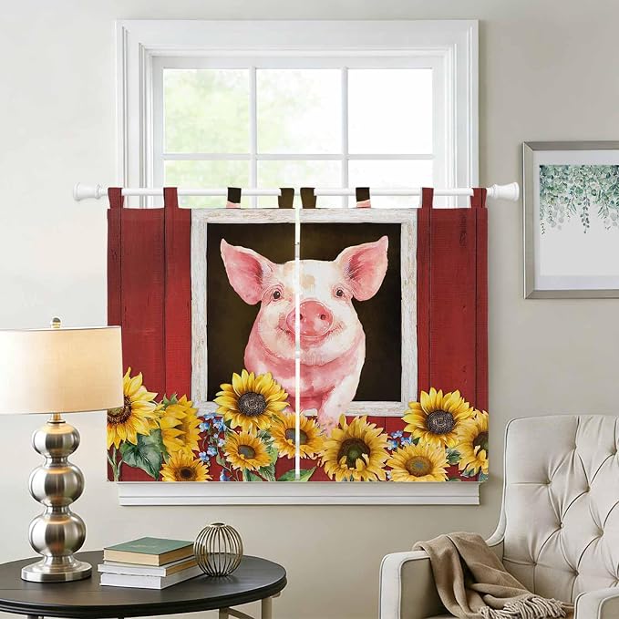 Pigs Sunflowers Kitchen Curtains 45 Inch Length, Short Cafe Window Curtains Tab - Image 2