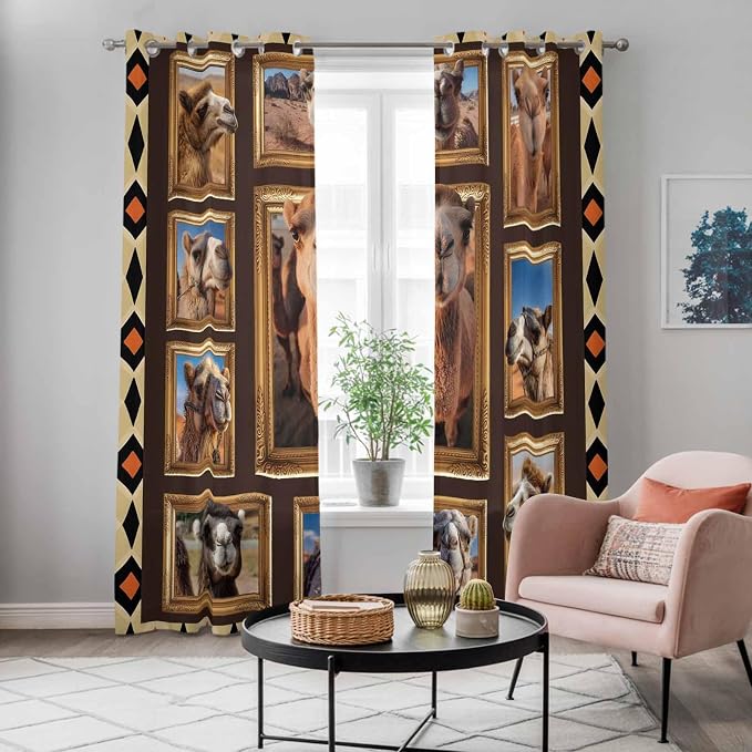 2 Panel Kitchen Cafe Curtains, Wildlife Camels Sunlight Filtering Nature Air - Image 5