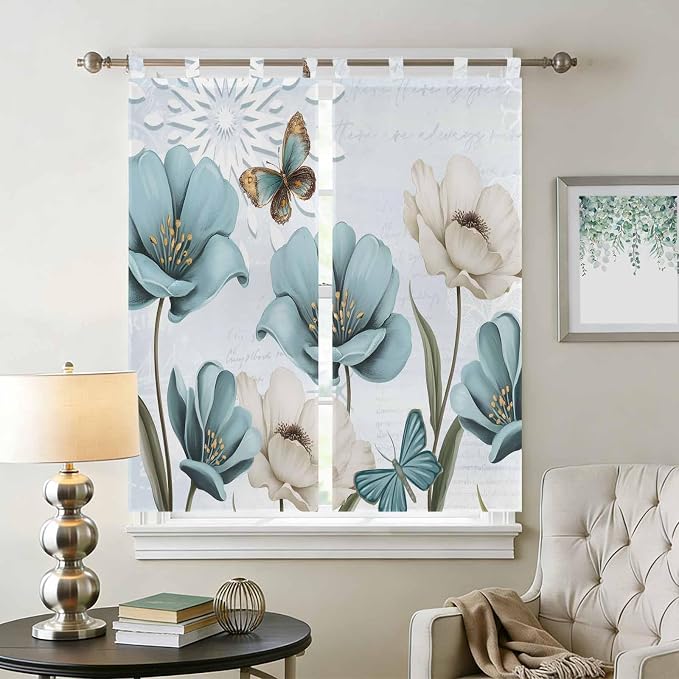Blue Tulips Living Room Curtains 84 Inch Length, Window Curtains Tab Top - Image 2
