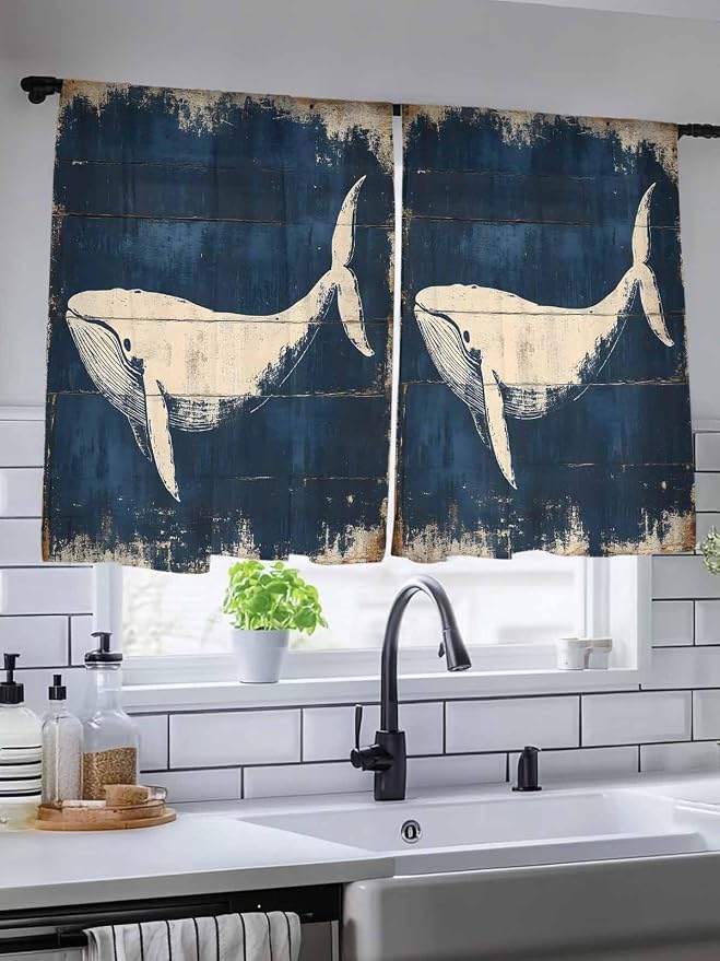 Sheer Curtains 45 Inch Length, Ocean Whale Blue Semi Sheer Curtains Light - Image 5