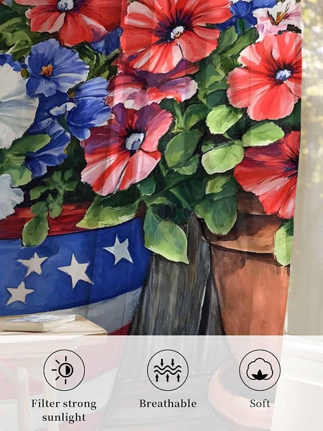 Sheer Curtains 72 Inches Long, Retro Independence Day Flag Wood Grain Privacy - Image 6