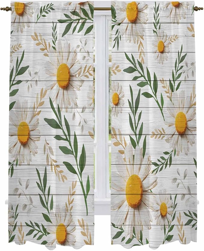 Spring Daisy Kitchen Curtains, Farmhouse Country Flower Leaf Plant Wood Grain by Unknown