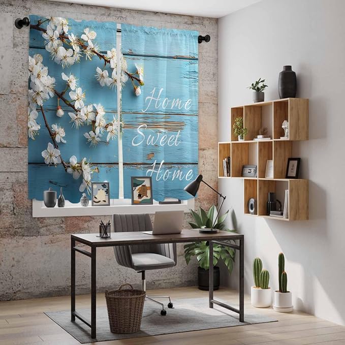 Farmhouse Wooden Grain Kitchen Curtains, Vintage Shabby Chic Flower Blue Light - Image 6