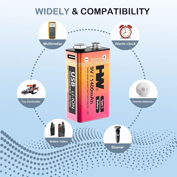 HW 9 Volt Rechargeable Batteries 12 Pack, 1400mAh 9V Lithium Battery - Image 7