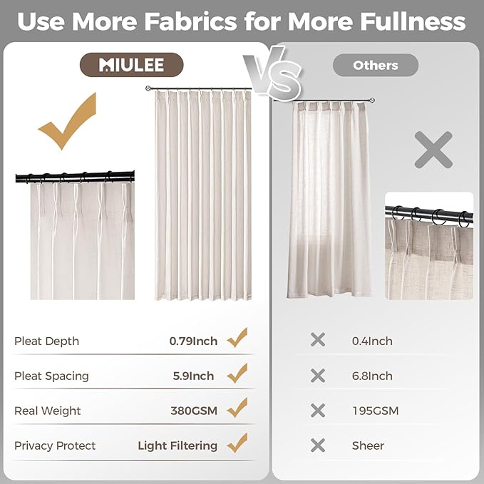 MIULEE Pinch Pleated Thick Linen Curtains 108 Inches Length 2 Panels for Living Room Bedroom, Extra Long Pinch Pleat Drapes Back Tab Light Filtering Natural Foor to Ceiling Curtains with Hooks&Rings