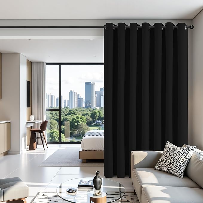 Joydeco Blackout Patio Sliding Door Curtains 84 Inches Long, Grommet Privacy Room Divider Curtains, Extra Wide Thermal Blackout Drapes for Bedroom Living Room (Black, 70Wx84L, 1 Panel)
