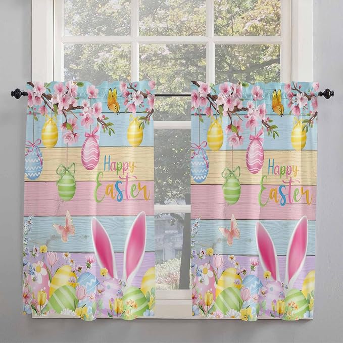 Colorful Easter Tier Curtains 45 Inches Long, Spring Watercolor Bunny Egg - Image 2
