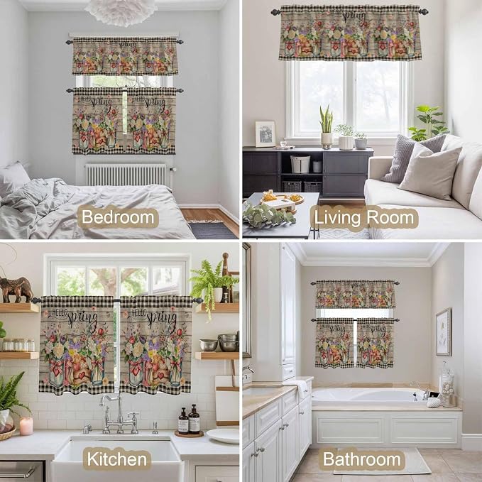 Kitchen Curtains Tiers and Valance Set of 3, Spring Flowers Light Filtering - Image 7
