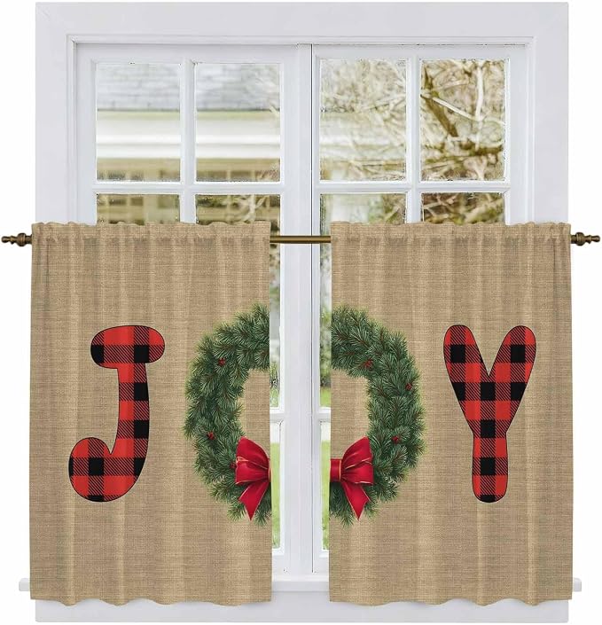 Red Green Christmas Kitchen Curtains 54 Inch Long 2 Panel Set, Rod Pocket - Image 2