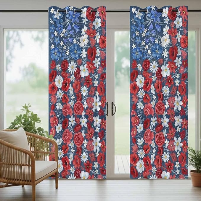 4th of July Outdoor Curtains for Patio Patriotic Flowers Farmhouse Red - Image 6