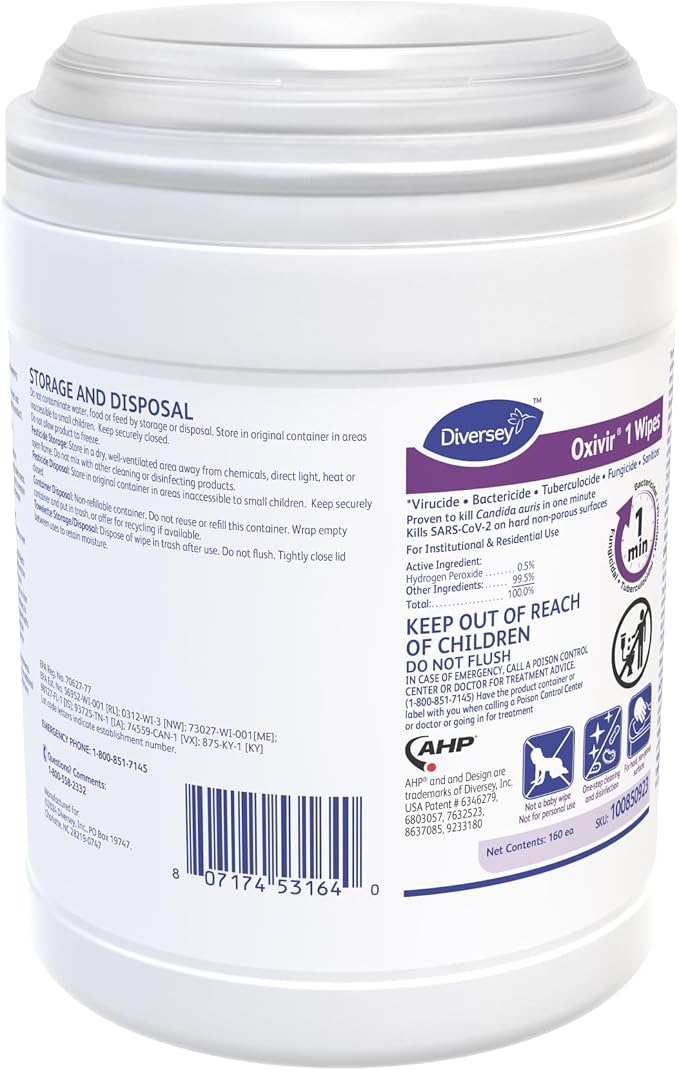 Oxivir Diversey 1 Disinfectant Peroxide Wipes, 160 Wipes | 1 Minute Contact Time - Image 3
