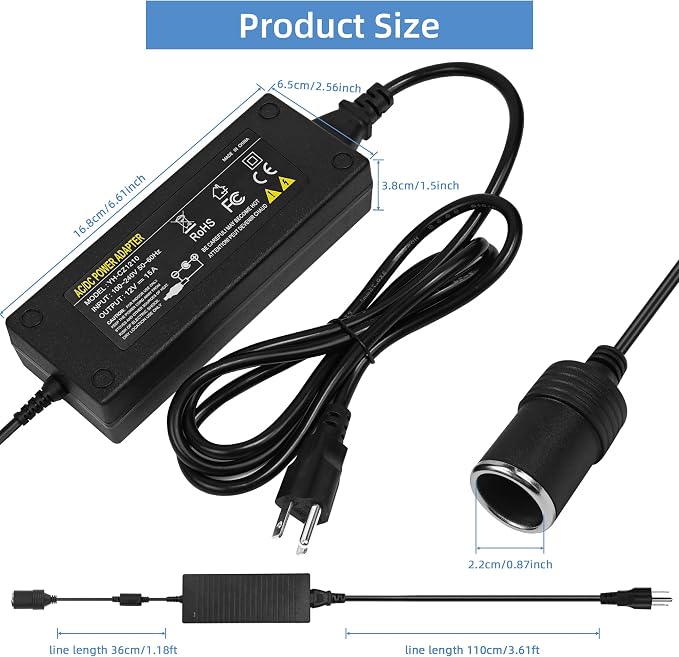 AC to DC Converter 12V 15A 180W, 100V ~ 240V to 12V 15A Car Cigarette Lighter - Image 2