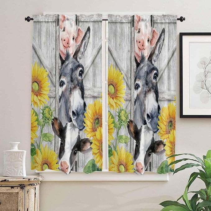 Farmhouse Bedroom Curtains 63 Inches length, Watercolor Sunflowers Animals - Image 2