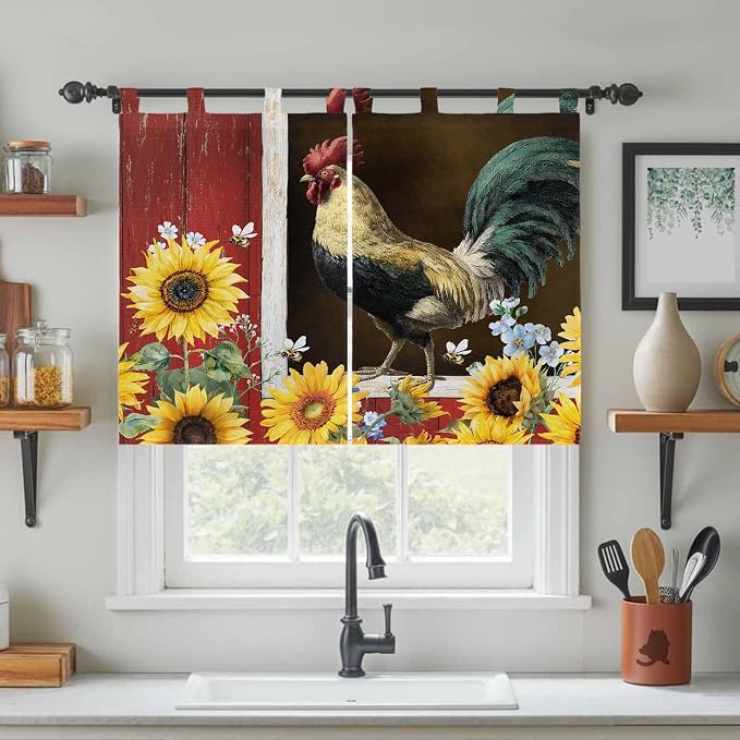 Chicken Sunflowers Kitchen Curtains 45 Inch Length, Short Cafe Window Curtains - Image 3