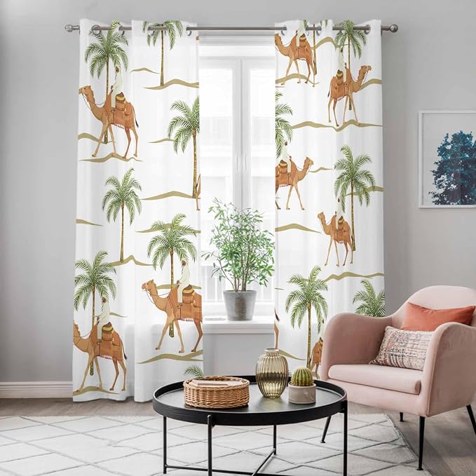 2 Panel Kitchen Cafe Curtains, Desert Camels Sunlight Filtering Nature Air - Image 5