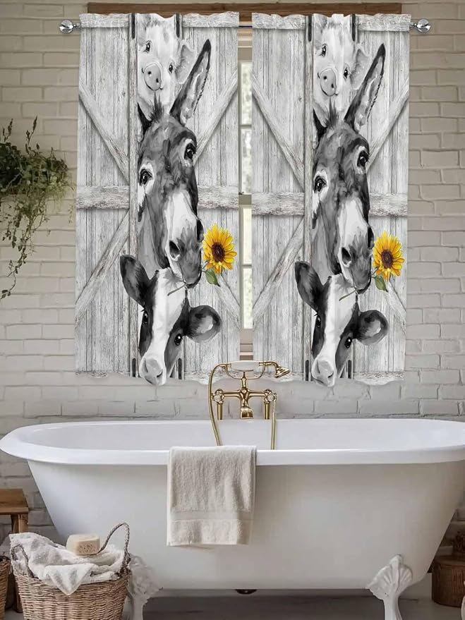 Grey Farmhouse Bedroom Curtains 63 Inches Length, Vintage Sunflowers Animals - Image 7