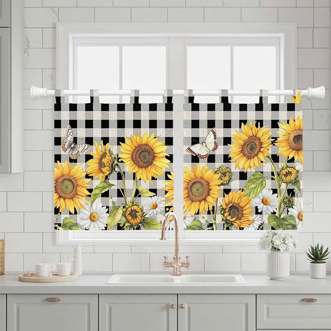 Sunflowers Kitchen Curtains 24 Inch Length, Small Window Curtains Tab Top - Image 3