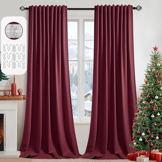 MIULEE Christmas Wine Red Back Tab Blackout Curtains 108 Inch Long 2 Panels Set for Bedroom, Rod Pocket/Pinch Pleat Extra Long Thermal Insulated Living Room Darkening Pleated Light Blocking Drapes