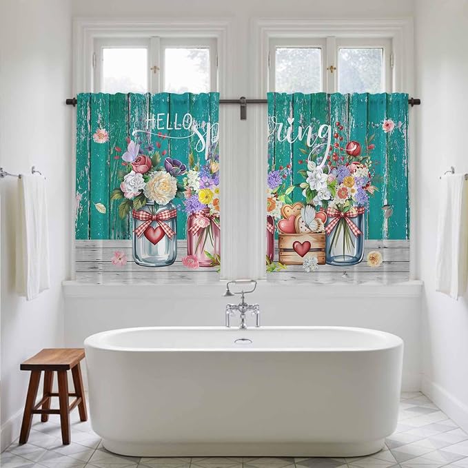 Spring Flowers Tier Curtains, Farmhouse Watercolor Teal Wood Grain Light - Image 5