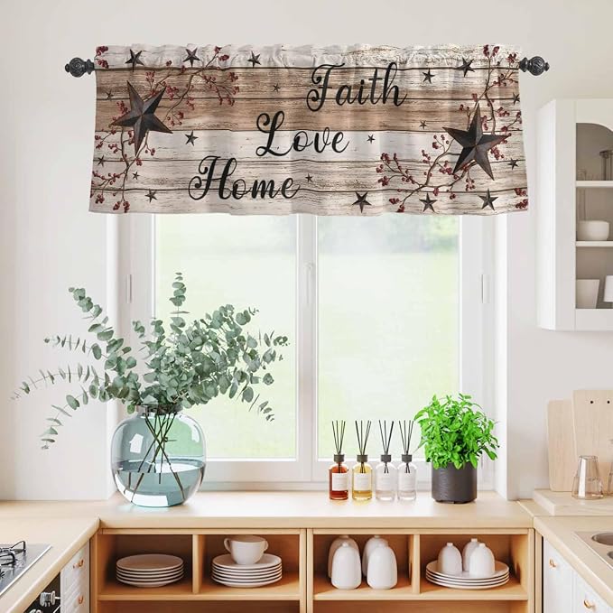 Kitchen Curtains Tiers and Valance Set of 3, Rustic Star Brown Light Filtering - Image 4