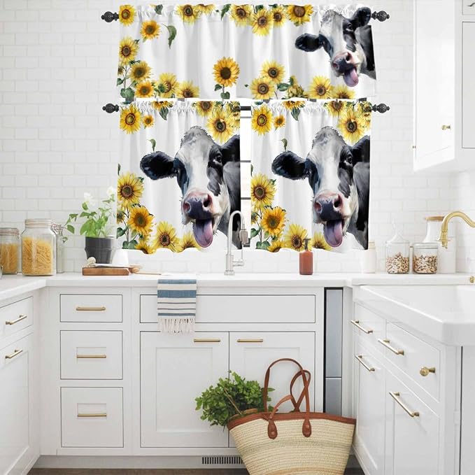 Kitchen Curtains Tiers and Valance Set of 3, Cow Sunflowers Light Filtering - Image 3