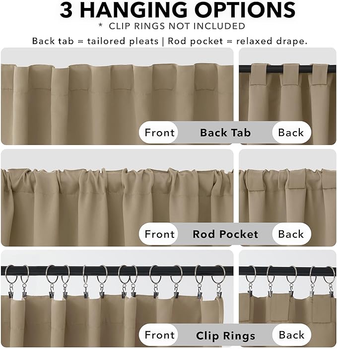Deconovo Blackout Curtains, Thermal Insulated, W42 x L72 2 Panels, Back Tab, Machine Washable, Room-Darkening Drapes for Bedroom/Living Room Khaki