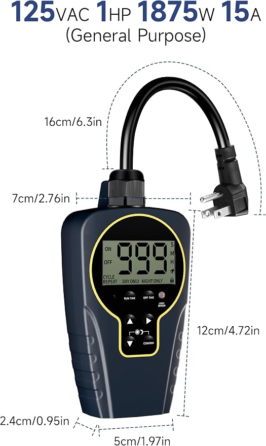 Techbee Repeat Cycle Timer Plug Outlet, 15A 1HP | 1 s to 999 h Interval - Image 8