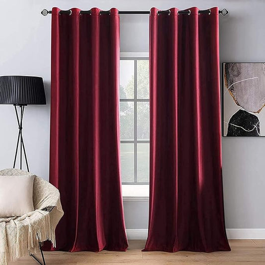 MIULEE Christmas Burgundy Velvet Curtains Solid Soft Red Blackout Curtain Grommet Top Thermal Soundproof Room Darkening Curtains/Drapes/Panels for Living Room Bedroom 52 x 84 Inch 2 Panels