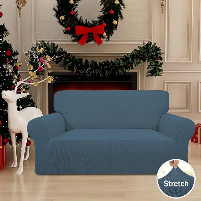 Easy-Going Stretch Loveseat Slipcover 1-Piece Sofa Cover Furniture Protector Couch Soft with Elastic Bottom for Kids Polyester Spandex Jacquard Fabric Small Checks (Loveseat, Bluestone)