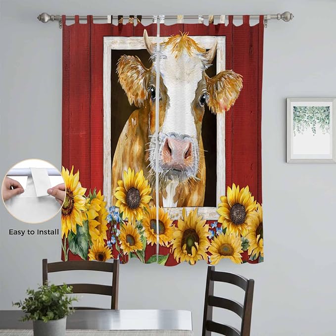 Cows Sunflowers Living Room Curtains 96 Inch Length, Window Curtains Tab Top - Image 4