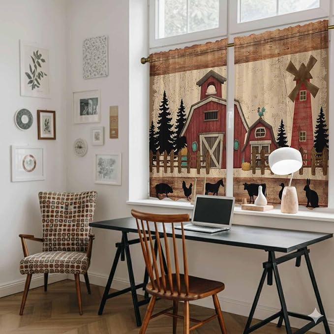 Brown Farmhouse Kitchen Curtains, Vintage Country Animals Wooden Grain Light - Image 6