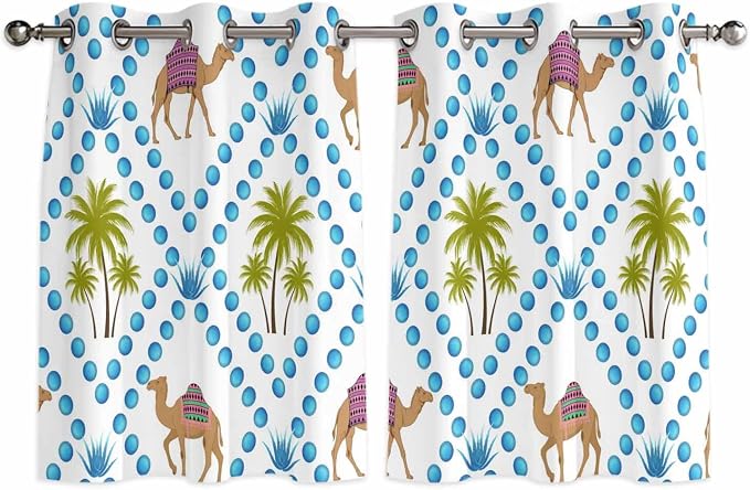 2 Panel Kitchen Cafe Curtains, Camels Palm Trees Sunlight Filtering Nature Air by Hokiten