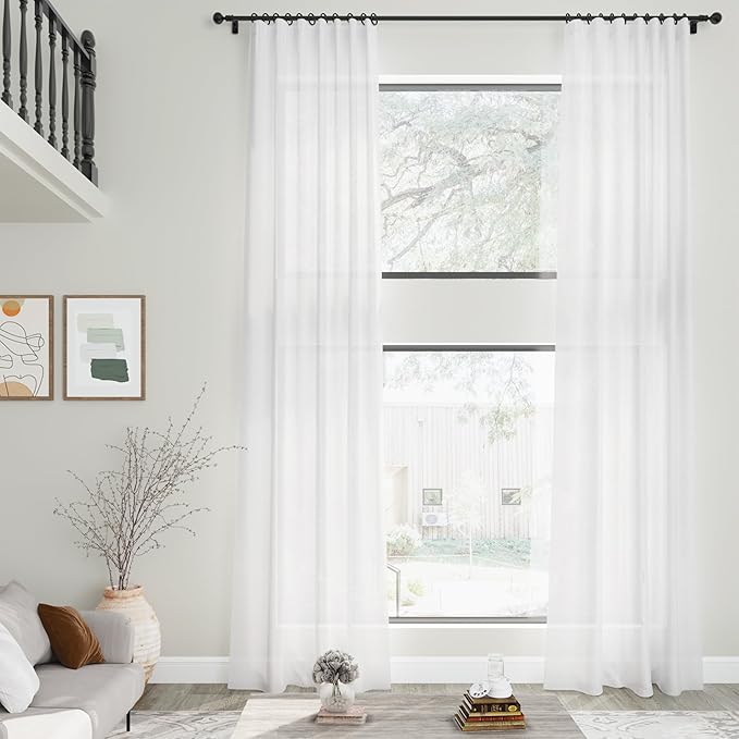 Linen White Curtains 132 inches Long for Living Room Back Tab Light Filtering Semi Sheer White Drapes Extra Long High Ceiling Curtains for Large Windows Patio Sliding Door Bedroom 11 Foot