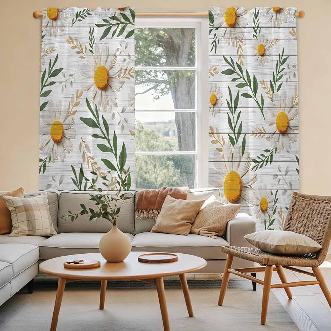 Spring Daisy Kitchen Curtains, Farmhouse Country Flower Leaf Plant Wood Grain - Image 3