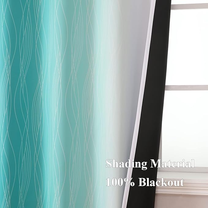 Estelar Textiler Teal and Greyish White Blackout Curtains 63 Inches Long, Room Darkening Grommet Curtains for Bedroom, Thermal Insulated Ombre Blackout Drapes for Living Room, 52Wx63L, 2 Panels