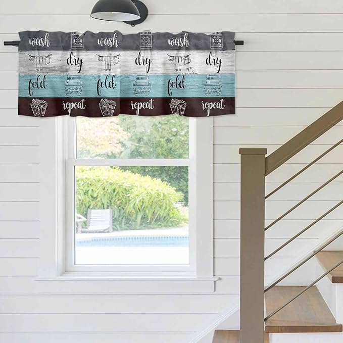 Laundry Rules Valances for Windows, Retro Blue White Wood Board Grain Kitchen - Image 5