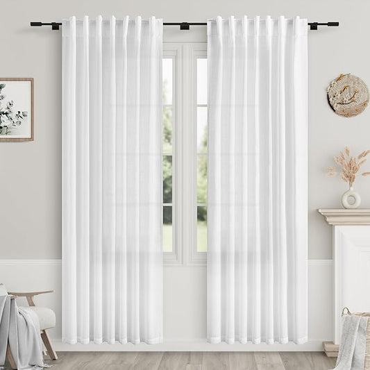 Nanspring White Linen Curtains 87 Inches Long for Bedroom Back Tab Light Filtering Privacy Sheer Curtains Modern Farmhouse Decor Linen Textured Gauze Curtain for Bathroom 2 Panels Set 52x87