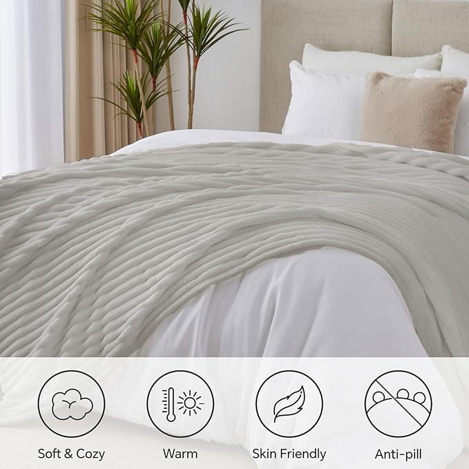 BEDELITE Blankets Queen Size for Bed, 300GSM Soft & Warm Fleece Blanket, Decorative and Giftable Striped Light Grey Blankets for Women, Men, 90"x90"
