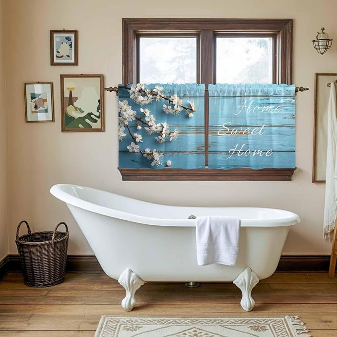 Farmhouse Wooden Grain Tier Curtains, Vintage Shabby Chic Flower Blue Light - Image 5