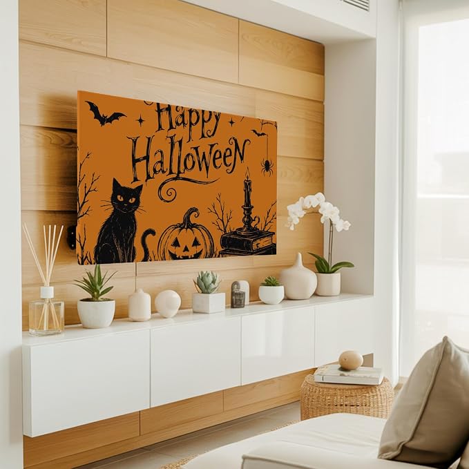 Halloween Black Cat Pumpkin Dead Trees Indoor TV Cover, Elastic TV Screen - Image 2