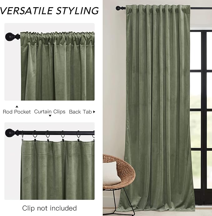 RYB HOME Sage Green Velvet Curtains 72 inches Length with Hook Tape, Thermal Insulated Privacy Protect Decorative Drapes for Window, W 42 x L 72 inches, 2 Panels Set