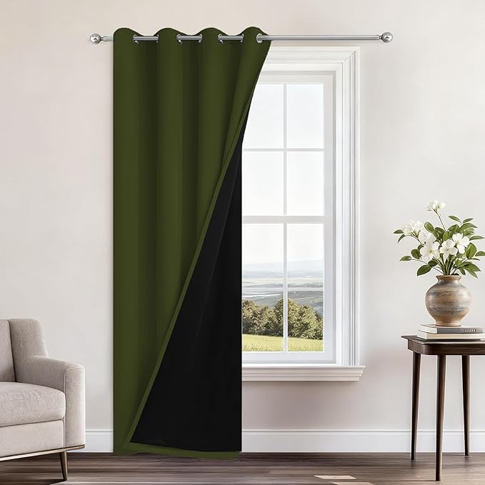Yakamok 100% Blackout Curtains 84 Inches Long, 2 Thick Layers Heat and Full Light Blocking Soft Thermal Insulated Drapes for Bedroom(52" Wide Each Panel, Olive Green, 1 Panel)