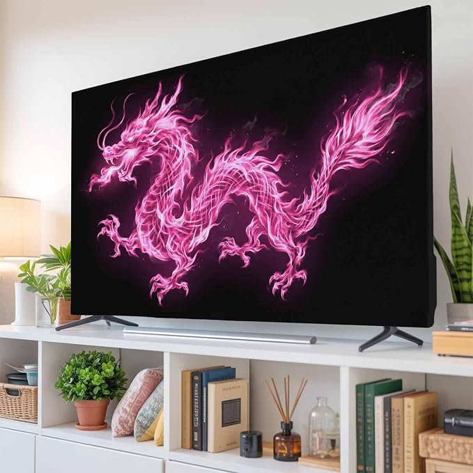 Abstract Pink Flames Dragons on Black Indoor TV Cover, Elastic TV Screen - Image 6