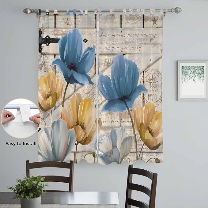 Blue Yellow Tulips Living Room Curtains 96 Inch Length, Window Curtains Tab Top - Image 4