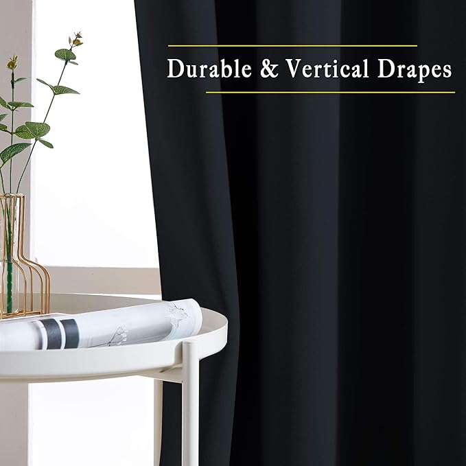 NICETOWN Blackout Black Curtains & Drapes 90 inches Long - Grommet Thermal Insulated Blackout Drapes Light Blinds Room Darkening Window Treatments for Bedroom (2 Panels, W52 x L90, Black)
